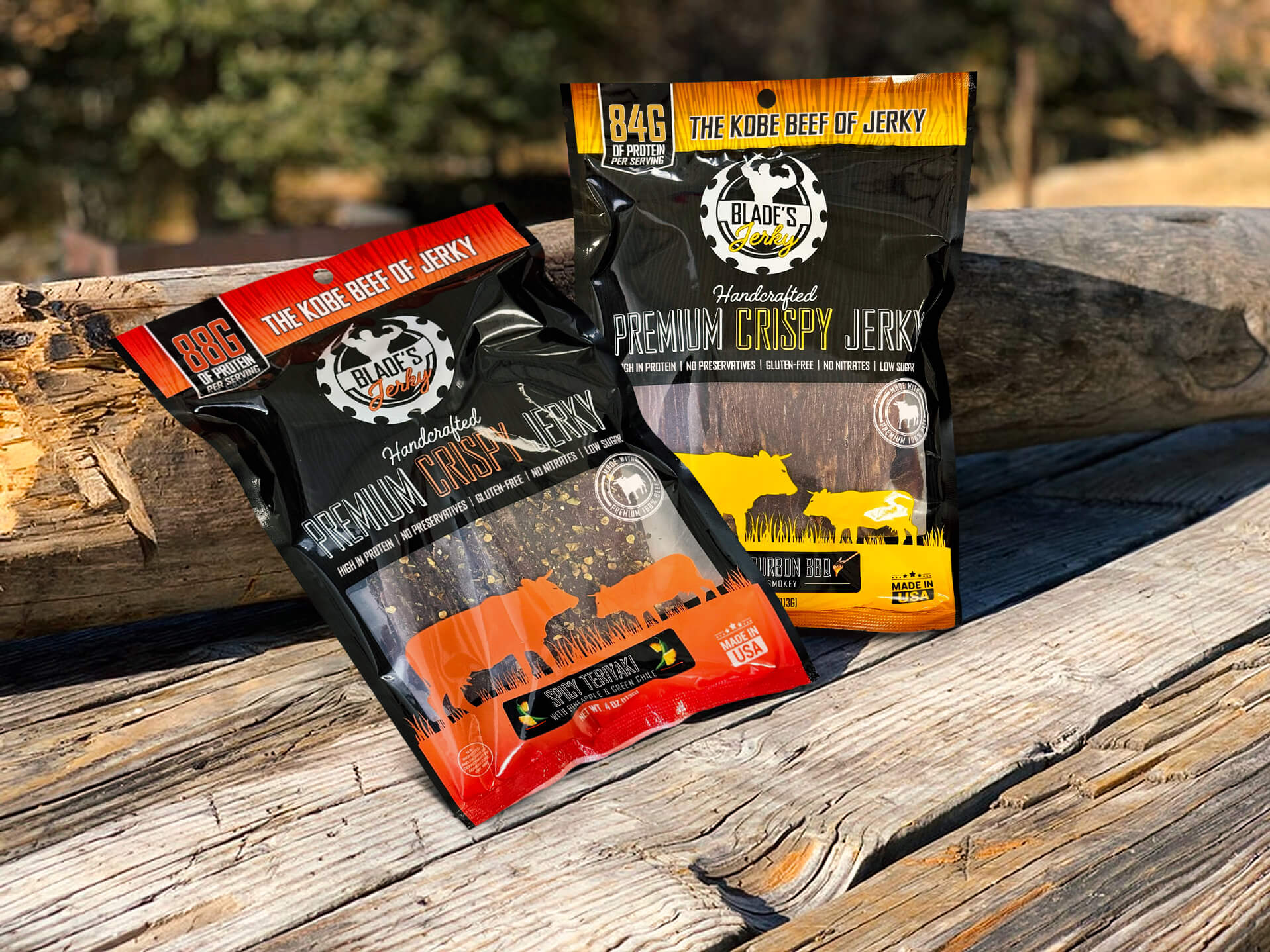 Blade's Jerky outside on wooden deck